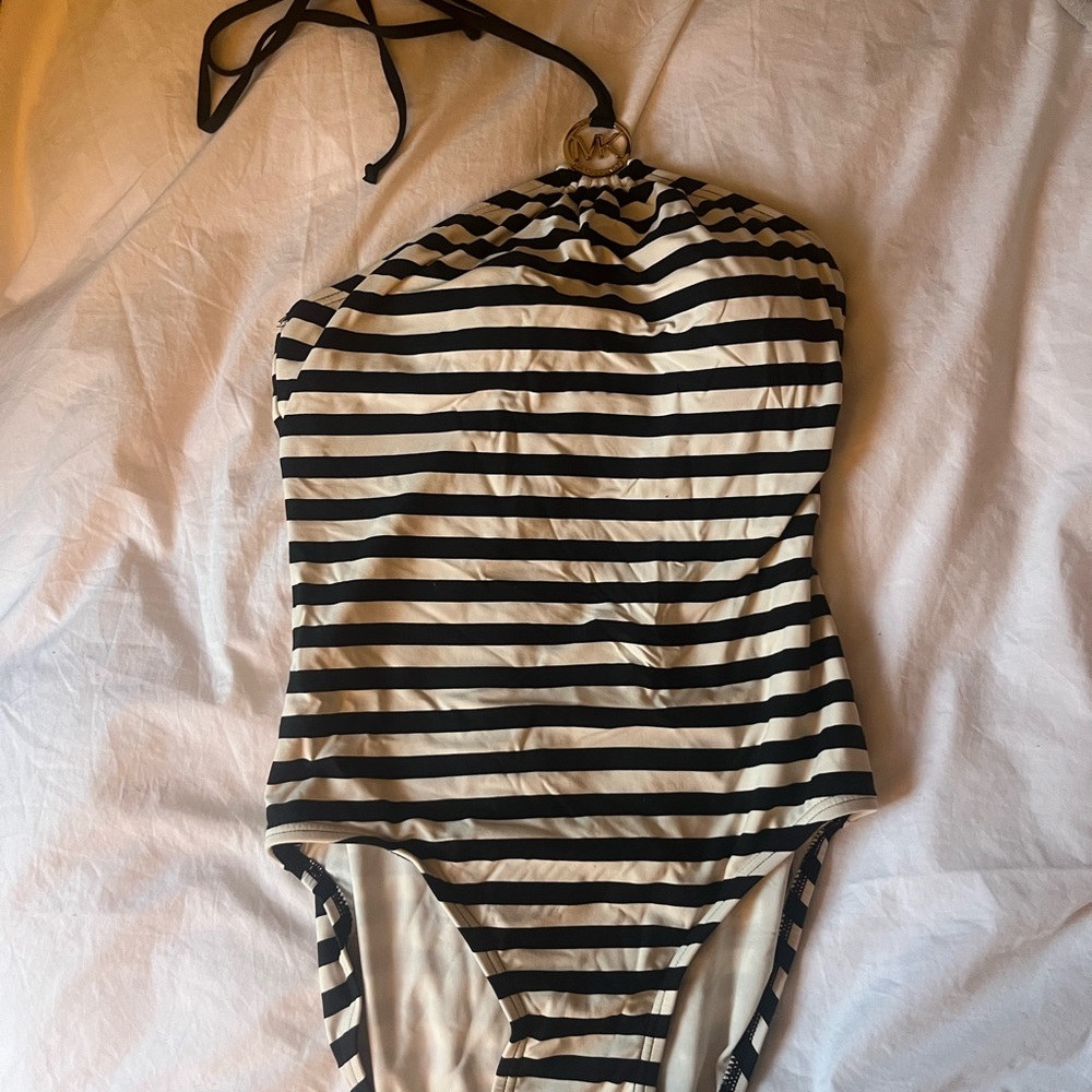 Michael Kors Striped Halter One-Piece Swimsuit